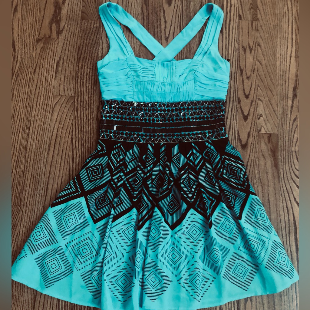 Vintage Bebe Jewel Turquoise And Black Embellished Mini Dress 100% Silk